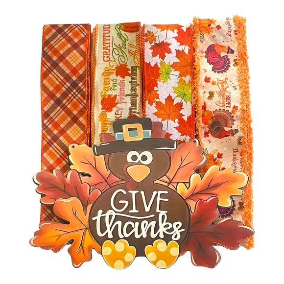 Thanksgiving Wreath Kit | Give Thanks Sign & Fall Wired Ribbons | DIY Fall Decor - Picture 1 of 5
